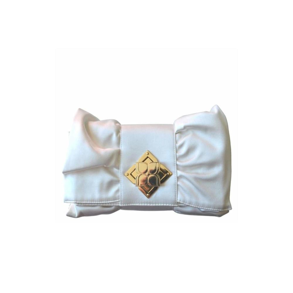 BCBGMAXAZRIA - White Satin Signature Bow Ruffle Clutch